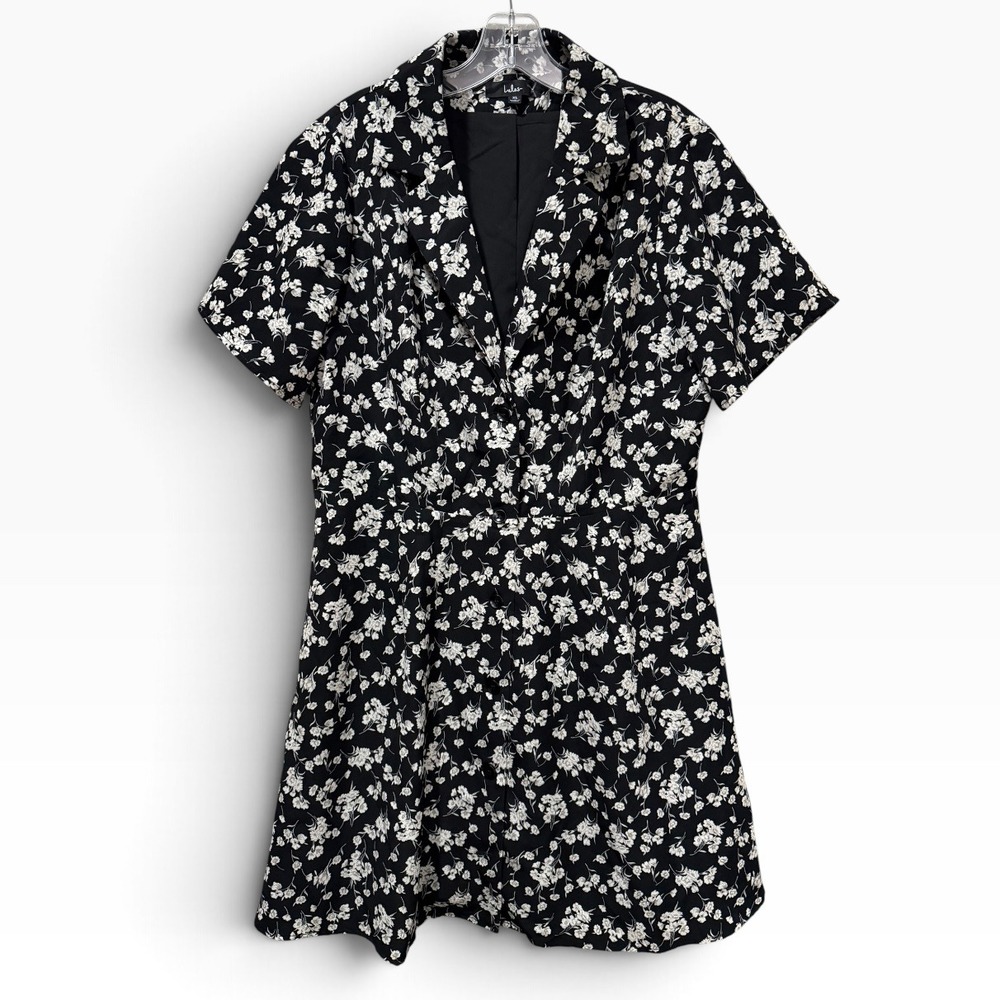 Lulus Black White Floral Notched Lapel Short Sleeve Mini Dress XL